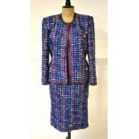 A Paula Klein Paris 'Chanel-style' open weave wool tweed suit in blue/grey/green/pink with gilded