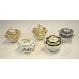 Five 19th century Ridgway sugar boxes and covers, four highlighted with gilt, four - 15 cm high x 17