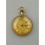 A Swiss 18k fob watch with top-wind lever movement, engraved gilt dial and foliate-engraved case,