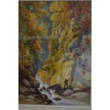 L Lewis - Angler by a rocky waterfall, watercolour, signed lower left and dated '83,