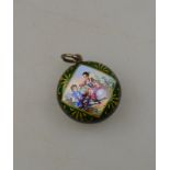 An antique enamelled vinaigrette/pendant with pastoral scene on lid and base, silver gilt,