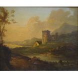 William Traies (1780-1872) attrib - Turret in a landscape, oil on panel,