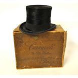 A black silk top hat retailed by The City Hatter, Carswell Renfield St., Glasgow, 52.5 cm dia.