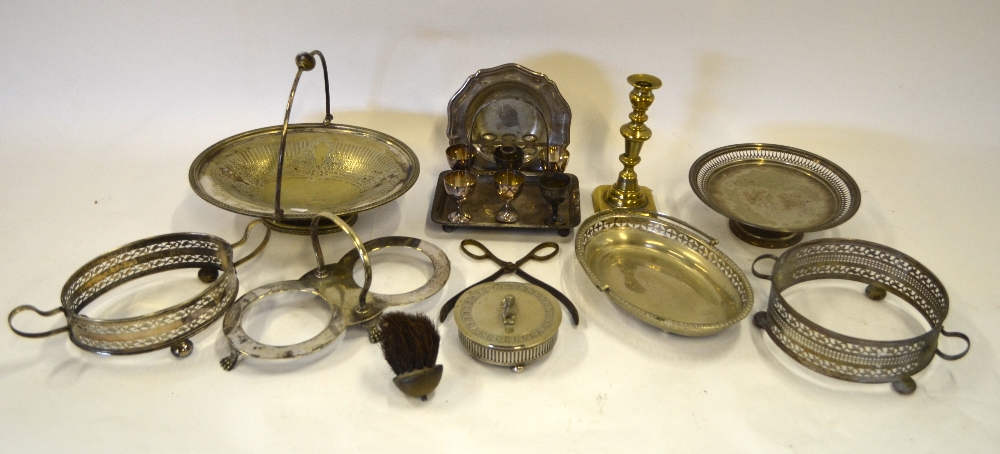 A quantity of electroplated items, including an egg-cup cruet,
