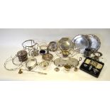 A selection of electroplated tablewares, including biscuit barrel, tureen stands, etc.