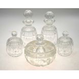 A five piece cut glass dressing table set etched with daisies (5) Condition Report 4 x 3 mm chip