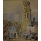 After Prout - A pair of Continental views of ecclesiastical buildings with figures, watercolour with