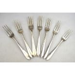 A set of six heavy quality silver three-tine table forks with lancet finials, C. W.