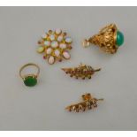 An opal and ruby yellow gold set cluster brooch set pendant to/w pair of leaf style stud earrings