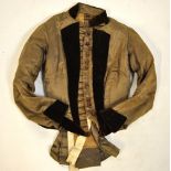 An Edwardian brown/beige striped silk and velvet lady's jacket, a cream silk cotton-backed blouse,