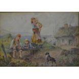 E H? - A pair of genre scenes of fishing and playing by a creek, watercolour, signed with monogram,