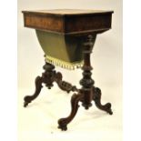 A Victorian figured walnut work table with fitted frieze drawer over a fabric bodied storage well,