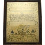 A George III silk petit point sampler worked with alphabets and numbers, spiritual text, basket of