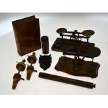 A quantity of treen collectables including two pairs of postage scales with weights,