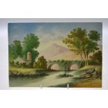 A 19th century painting on ceramic plaque, Continental river landscape with bridge and buildings,