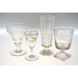 A Regency wine glass, the bucket bowl finely cut and etched with drapes, barley and monogram WMC,