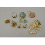 A collection of various items including Georgian half pearl and hair work brooch,