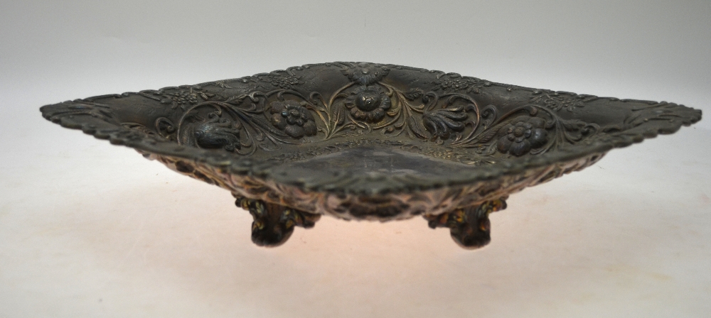 An electroplated square dish, chased and embossed with flowers, on cast scroll feet, 35 cm, - Image 5 of 6