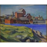 Anton Lindfors (1881-1950) - Finnish wharf buildings beside a lake, oil on board,