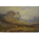 William L Turner (1867-1936) - Highland cattle in a misty landscape, oil on canvas,