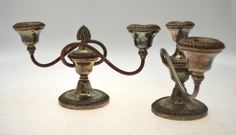 A pair of Matthew Boulton Old Sheffield Plate twin branch candelabra with gadrooned rims and reeded - Image 2 of 3