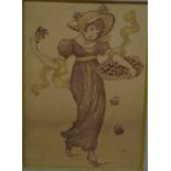 Kate Greenaway (1846-1901) - Maiden carrying a basket of roses, watercolour, signed with initials