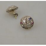 A pair of Art Deco diamond ruby and sapphire set dome style stud earrings set with old and eight-cut