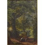 English school - Figures walking along a wooded lane, oil on board,