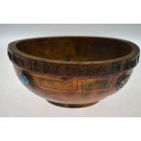 An Irish Arts & Crafts style turned wood bowl, set with enamel bosses in rivetted copper