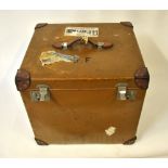 A vintage leather large 'cube-shaped' cabin trunk with labels for Cunard White Star Line, with moire