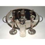 A cut glass tapering claret jug with electroplated collar, cover and handle,