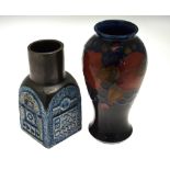 A Troika spice jar decorated with geometric textured sides 15 cm high to/w a Moorcroft vase
