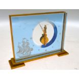 Jaeger-Le Coutre perspex cased mantel clock frosted with a galleon in full sail, 15.5 x 22 cm