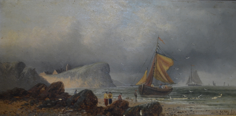 G Gray - Fishermen setting sail, oil on