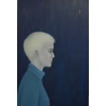 ** Nicola Green (b 1972) - 'Profile', portrait of a young lady in a blue jumper, oil on board,