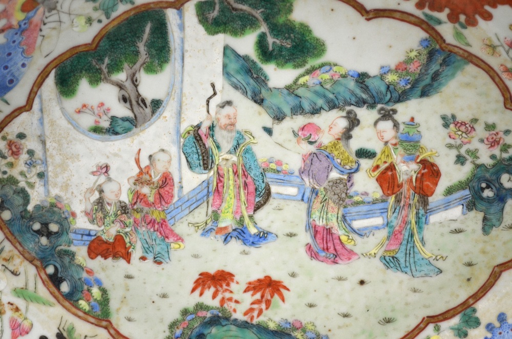 A Chinese Canton famille rose shaped dish decorated with figures in a garden, - Image 2 of 5