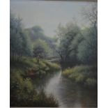Terence Grundy - Fisherman in a river landscape, oil on canvas, signed lower right,