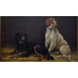 After Landseer - Study of two dogs, seated and alert, in a stable interior, oil on canvas,