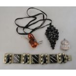 A pair of spangled amber drop earrings with grey metal fittings to/w black ethnic style bracelet