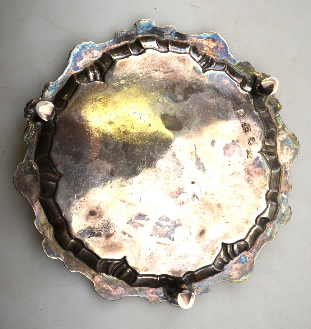 A George III silver visiting-card salver with shell and scroll pie-crust rim and engraved arms, - Image 2 of 5