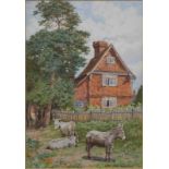 W Biscombe Gardner (1847-1919) - 'Cottages at Pembury, nr Tunbridge Wells' with donkeys before,