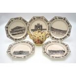 Five early 19th century octagonal cream ware plates, black transfer decorated with scenes of Paris,