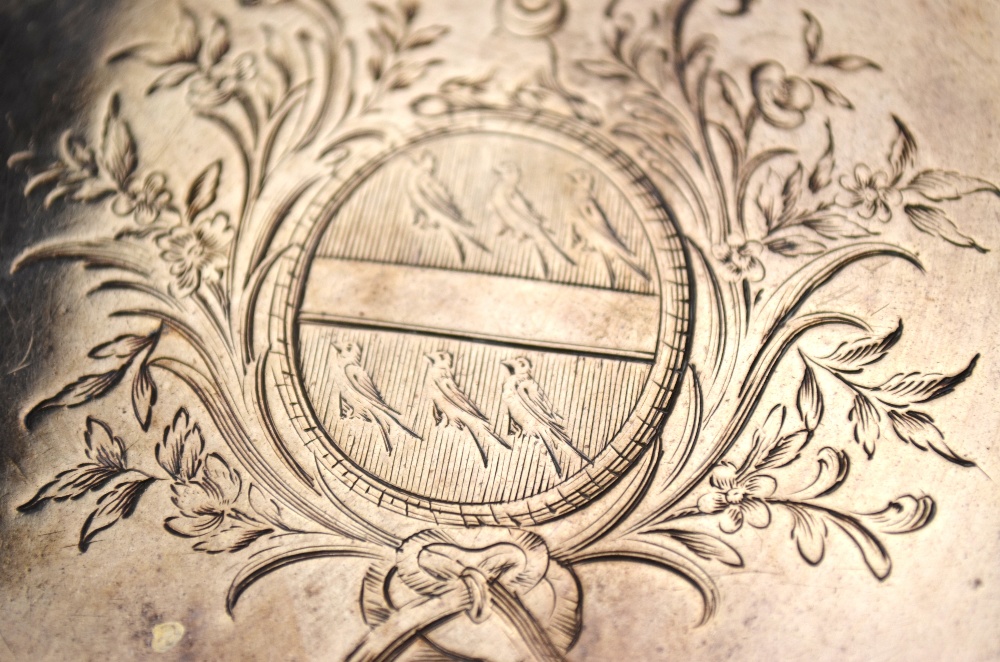 A George III silver visiting-card salver with shell and scroll pie-crust rim and engraved arms, - Image 4 of 5