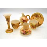 Royal Worcester blush ground floral decorated wares comprising a squat vase with fluted neck,