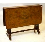 A Victorian burr walnut Sutherland table, the turned frame with gateleg on white ceramic castors,