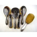 Two pairs of silver and tortoiseshell hairbrushes with piquet-work tops,