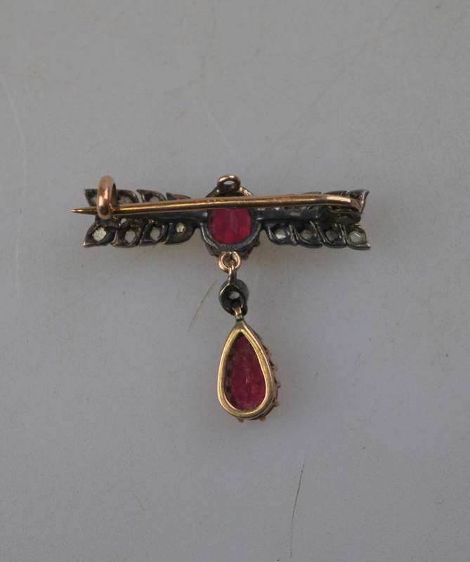 A synthetic ruby and rose diamond bar brooch having synthetic ruby and rose diamond drop - Image 2 of 2