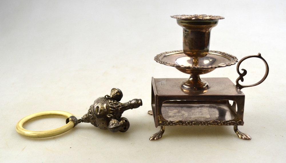 An Edwardian silver baby's rattle with ivorine teether ring and four bells, Crisford & Norris Ltd. - Image 2 of 4