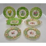 Three 19th century Staffordshire dessert plates and a footed rectangular dish, green ground,