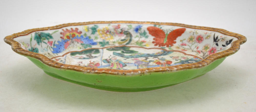 A Chinese Canton famille rose shaped dish decorated with figures in a garden, - Image 3 of 5